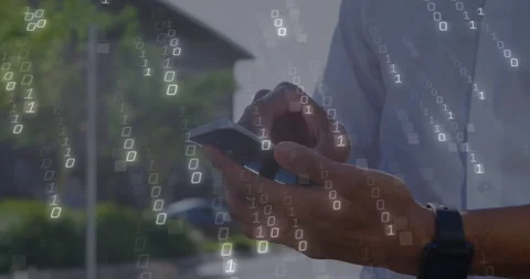 Tech professional tapping smartphone and activating binary digits for real-time Stock Footage 312829240