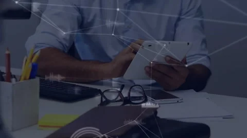 Tech professional tapping tablet screen and activating network graph with nodes Stock Footage 320204855