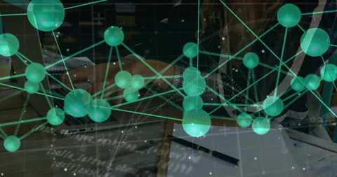Tech professional typing on laptop and tapping clipboard while green network Stock Footage 311125700