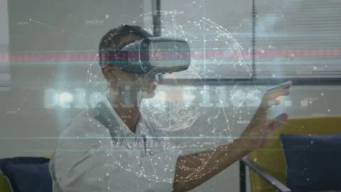 Tech professional wearing VR headset lifting finger, swiping data globe and Stock Footage 313308177