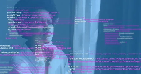 Tech professional at window analyzing magenta code overlay as scrolling Stock Footage 318063030