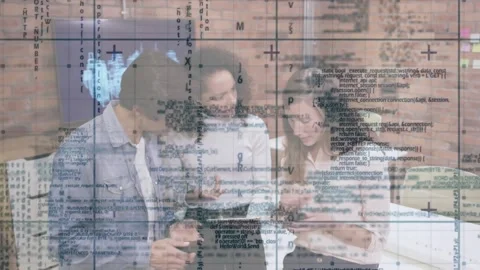 Tech professionals swapping phone and tablet when coding overlay starting Video stock 319853299