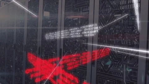 Tech racks centering reacting to white ticker popping, firing red arrows and Stock Footage 331701525