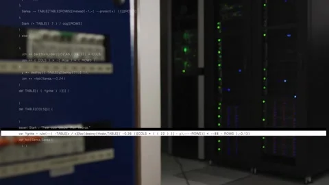 Tech racks receiving command, showing console text and moving bar, camera Stock Footage 334040515