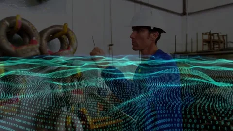 Tech raising probe, probing rigging, testing safety in workshop while teal wave Stock Footage 334316383