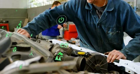 Tech reaching across engine bay, inspecting and wiping intake, green eco icons Stock Footage 334115505