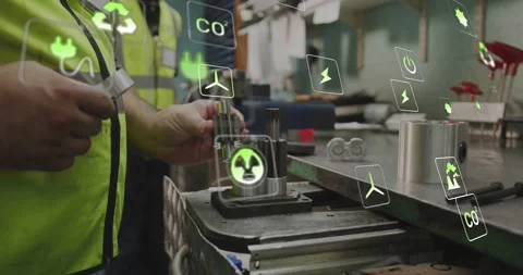 Tech reaching bench, grabbing tool, aligning shafts in fixture monitoring energy Stock Footage 331026968