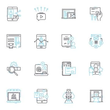 Tech realm linear icons set. Innovation, Disruption, Automation, Blockchain Stockillustratie