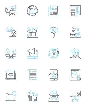 Tech realm linear icons set. Innovation, Disruption, Automation, Blockchain Stock Illustration
