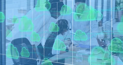 Tech rep speaking into headset as cloud icons flowing live data with colleagues Stock Footage 317258778