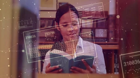 Tech researcher pulling blue tablet from bookshelf in office, scanning and Stock Footage 312280144