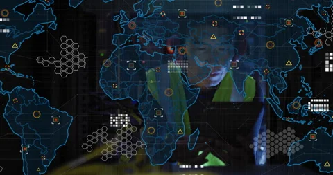 Tech resting both hands on table activating world map overlay scanning network 動画素材 312656228