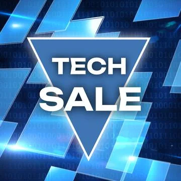 Tech sale text on blue triangle over reflective blue panels and binary data on 스톡 일러스트