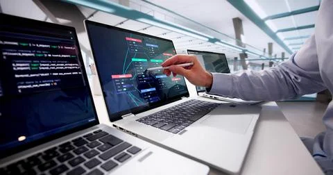 Tech-savvy Engineer Utilizes Node Editor For Cyber Security Programming. 写真素材