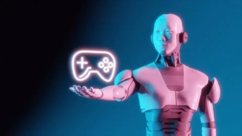 Tech-Savvy Evolution: Robot Presenting a Neon Game Controller Stock Footage 260789847