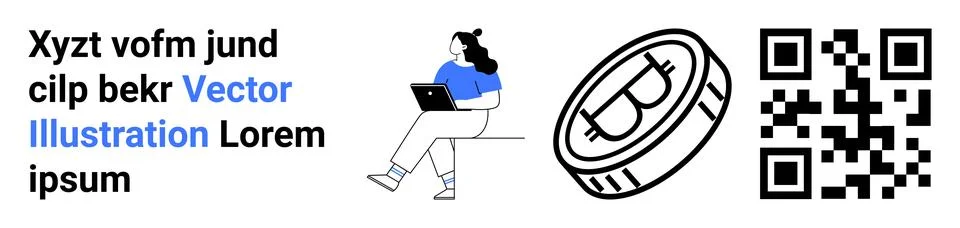 Tech-savvy individual using a laptop, Bitcoin symbol, QR code, and text. Idea Stock-Illustration