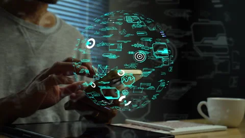 Tech-Savvy Professional Working on smart phone with Futuristic AI Visuals &amp; Data Stock Footage 341925102