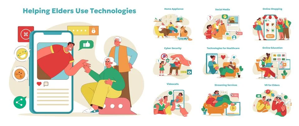 Tech savvy seniors concept. Vector illustration Stock Illustration