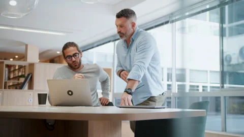 Tech savvy teamwork: Two software designers discuss a project using a laptop Stock Footage 252100848