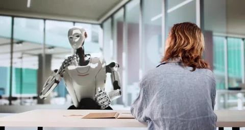 Tech-savvy Woman Solving Code Quizzes With AI Recruiter Robot Stock Photos