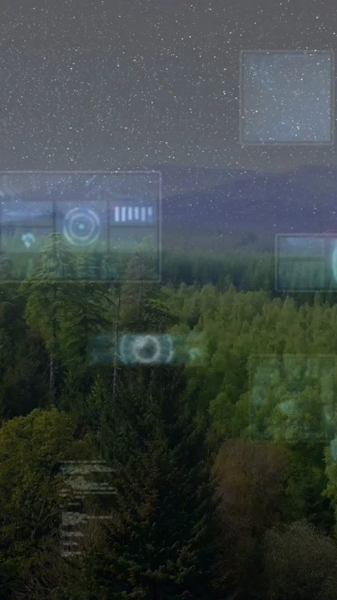 Tech scan initiating forest canopy staying steady while cyan HUD panels emerging Stock Footage 332775314
