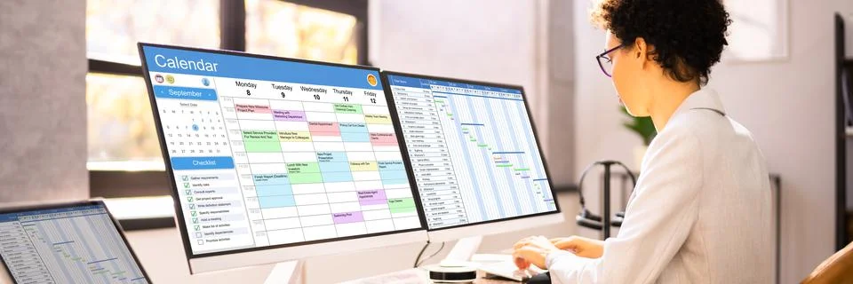 Tech Schedule List On Computer Screen Stock Photos