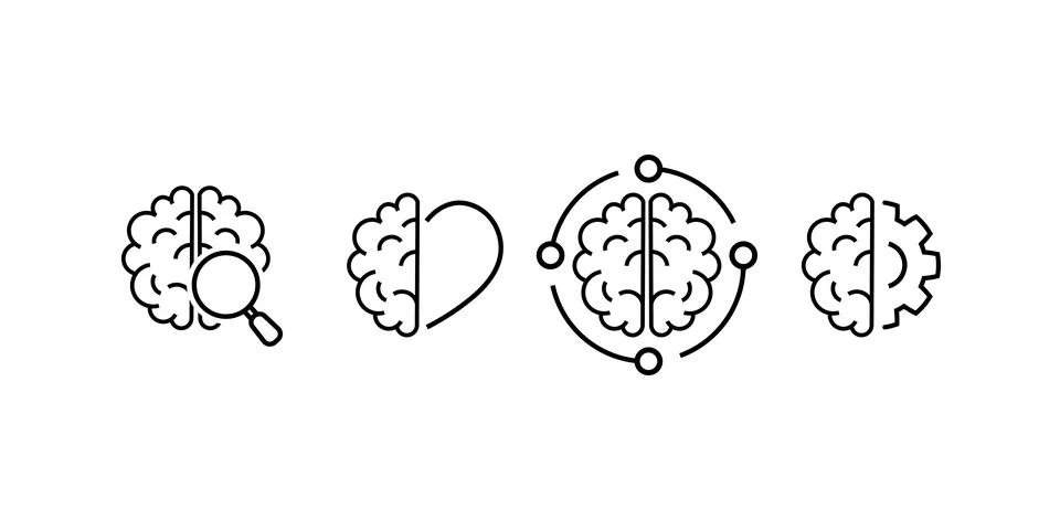 Tech Science, Brainstorm, Knowledge Black Line Icon Set. Human Brain and AI.. Stock Illustration