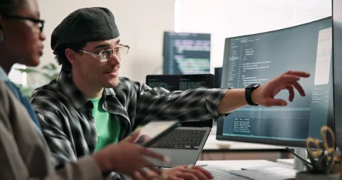 Tech, screen and man in meeting for code review, refine design or mobile Stock Footage 346759963