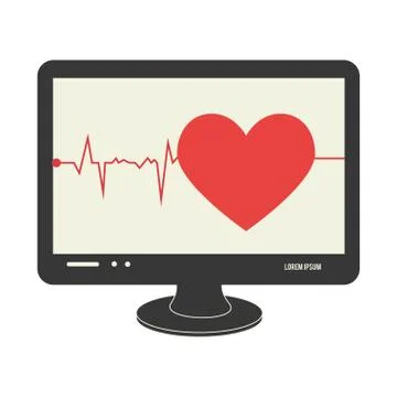Tech screen computer in wide flat with heart and life signs Stock Illustration