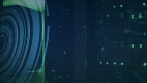 Tech set animating on start, code cycling, panel pulsing, rack LEDs blinking to Stock Footage 332577560