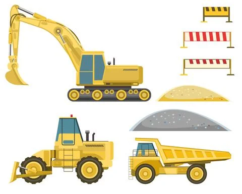 Tech set for building buildings and roads. Excavator, bulldozer, truck. Moder Ilustración de archivo