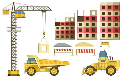 Tech set for building buildings and roads. bulldozer, truck. Modern technolog Ilustración de archivo