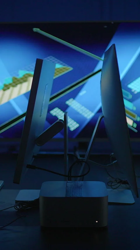 A tech setup with a blue background and abstract patterns that enhance its Stock Footage 296015163