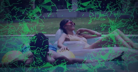 Tech shifting green patterns prompts couple stretching and adjusting sunglasses Stock Footage 311097941