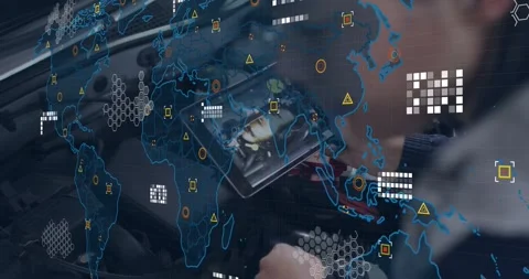 Tech shifting tablet, tuning engine, starting AR map overlay linking tablet to Video stock 330191087