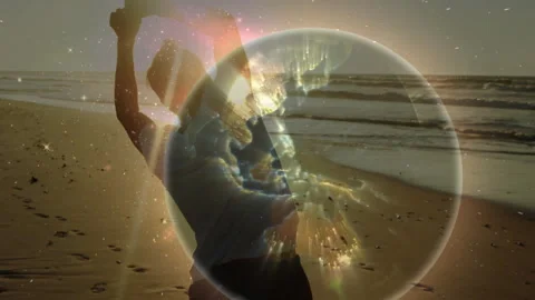 Tech shimmer initiating glowing orb overlay around senior man gesturing then Video stock 313094246