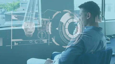 Tech sitting by window, holo ring appearing forming reticle HUD, reviewing 3D Stock Footage 333234244
