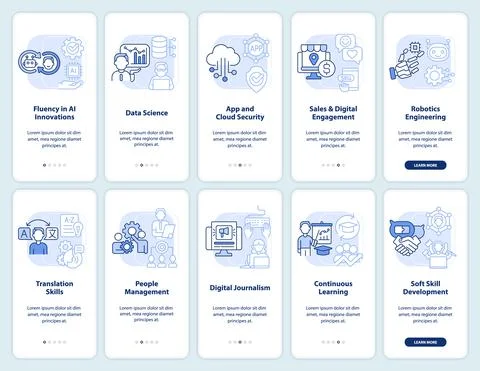 Tech skills and courses light blue onboarding mobile app screen set Stock Illustration