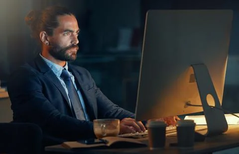 Tech, software and computer web design worker working at night on cyber security Stockfoto's