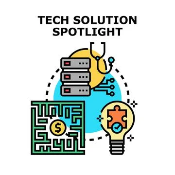Tech solution spotlight finding business problem solving Stock Illustration