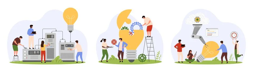 Tech solutions and innovation of tiny people, digital smart project and insight Stock Illustration