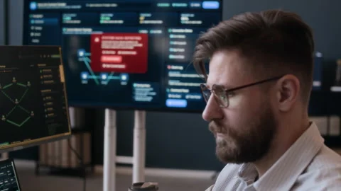 Tech Specialist Detecting Cyber Threat and Repotting Security Branch Stock Footage 334929741