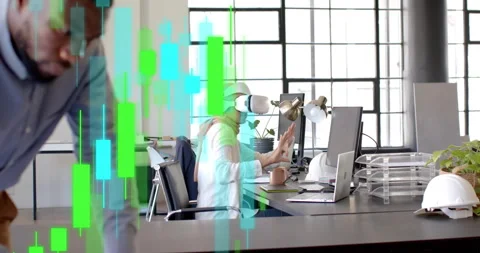 Tech specialist tapping headset and manipulating candlestick stock charts for Stock Footage 314397739