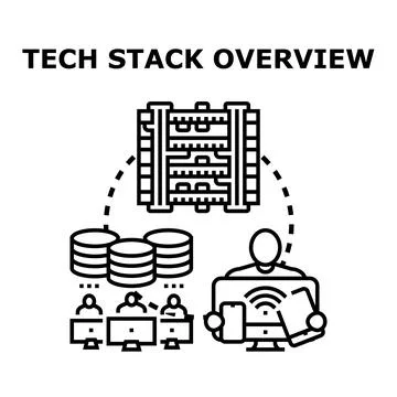 Tech stack overview with development team and data management 스톡 일러스트