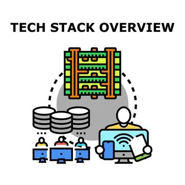 Tech stack overview with development team and data management Stock Illustration