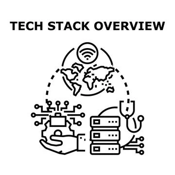 Tech stack overview illustrating global network and data management Stock Illustration