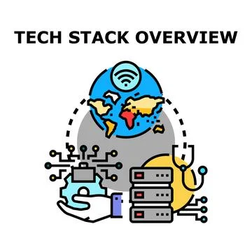 Tech stack overview illustrating global network and data management Stock Illustration
