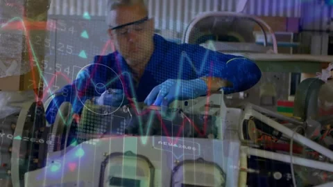 Tech starting repair by reaching machine, turning bolts while HUD charts guiding Stock Footage 330540474