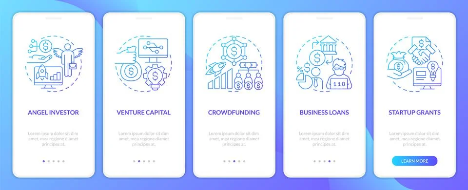 Tech startup financing options blue gradient onboarding mobile app screen Illustrazione stock