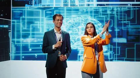 Tech startup leader using convention as platform to offer latest AI services Stock Photos